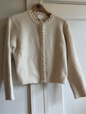 H&M Cream Pearl-Trim Ribbed Cardigan